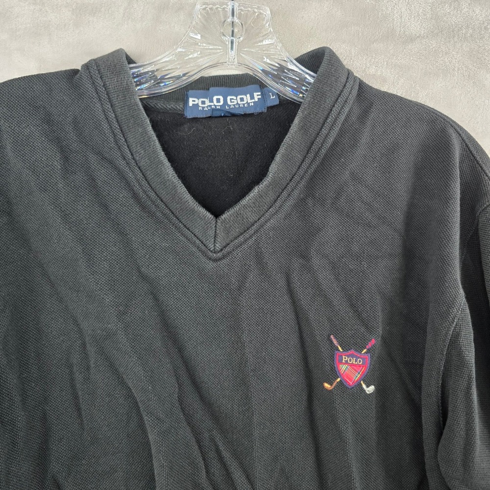 Vintage Polo Golf Ralph Lauren Pullover Mens Large Black V-Neck Crest logo